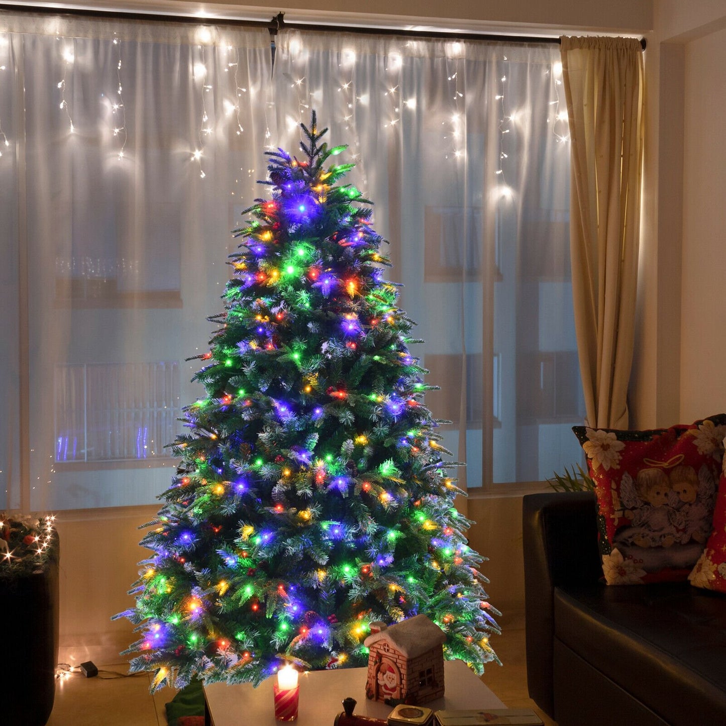 Pre-Lit Snowy Christmas Hinged Tree with Flash Modes and Multi-Color Lights-6 ft, Green Christmas Tree   at Gallery Canada