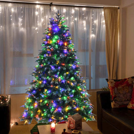 Pre-Lit Snowy Christmas Hinged Tree with Multi-Color Lights-7', Green Christmas Tree   at Gallery Canada