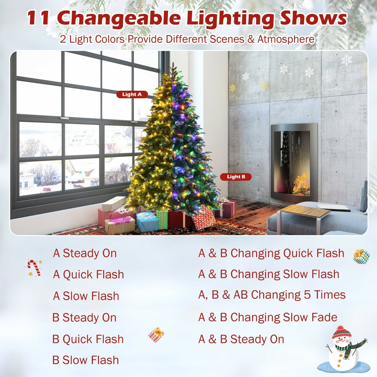 Pre-Lit Snowy Christmas Hinged Tree with Multi-Color Lights-7', Green - Gallery Canada