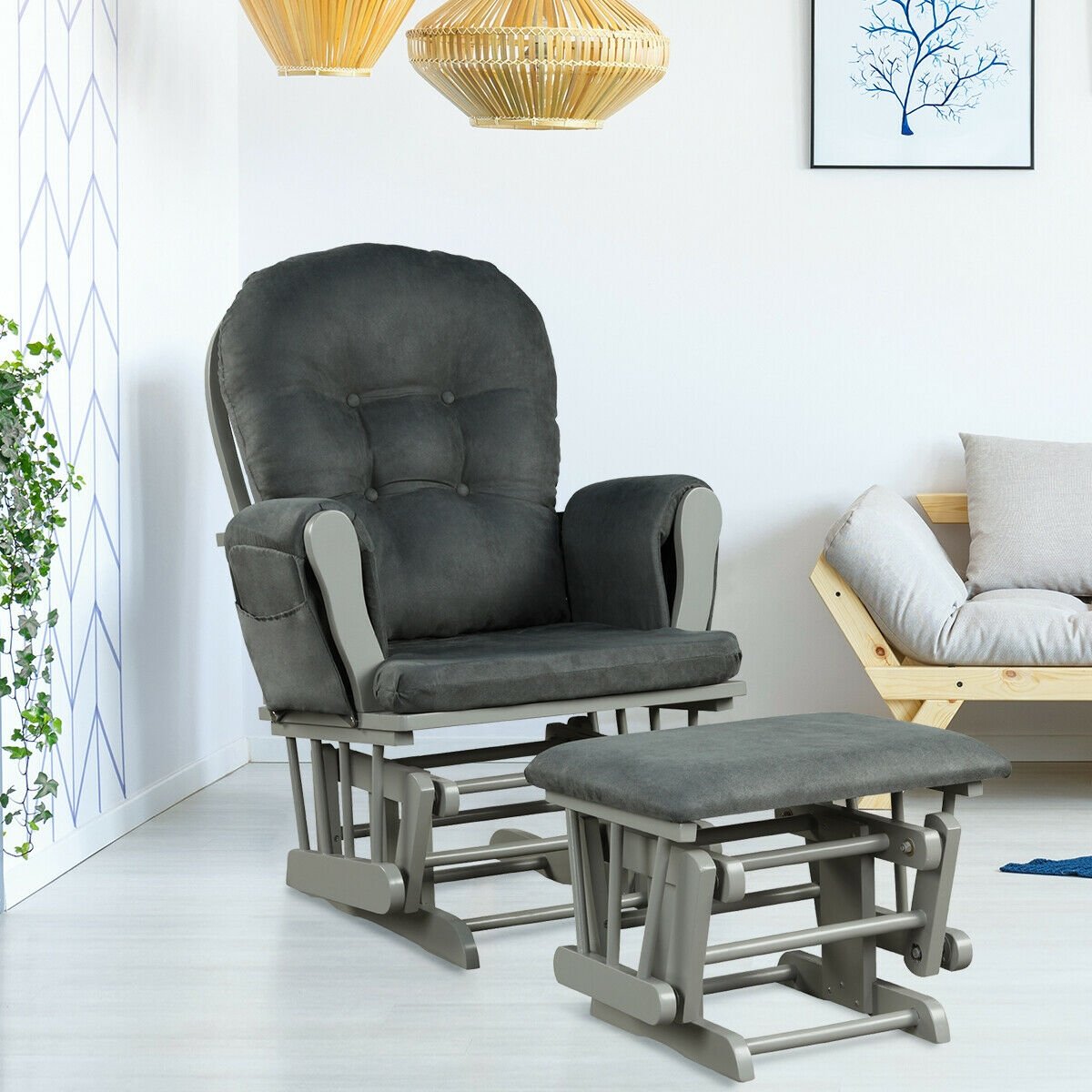 Wood Glider and Ottoman Set with Padded Armrests and Detachable Cushion, Dark Gray Recliners   at Gallery Canada