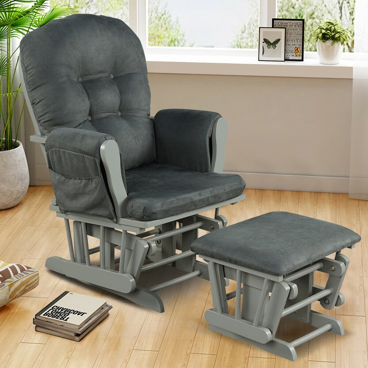 Wood Glider and Ottoman Set with Padded Armrests and Detachable Cushion, Dark Gray Recliners   at Gallery Canada