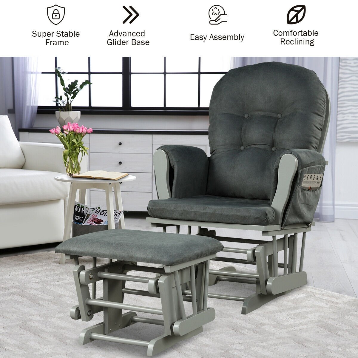 Wood Glider and Ottoman Set with Padded Armrests and Detachable Cushion, Dark Gray Recliners   at Gallery Canada