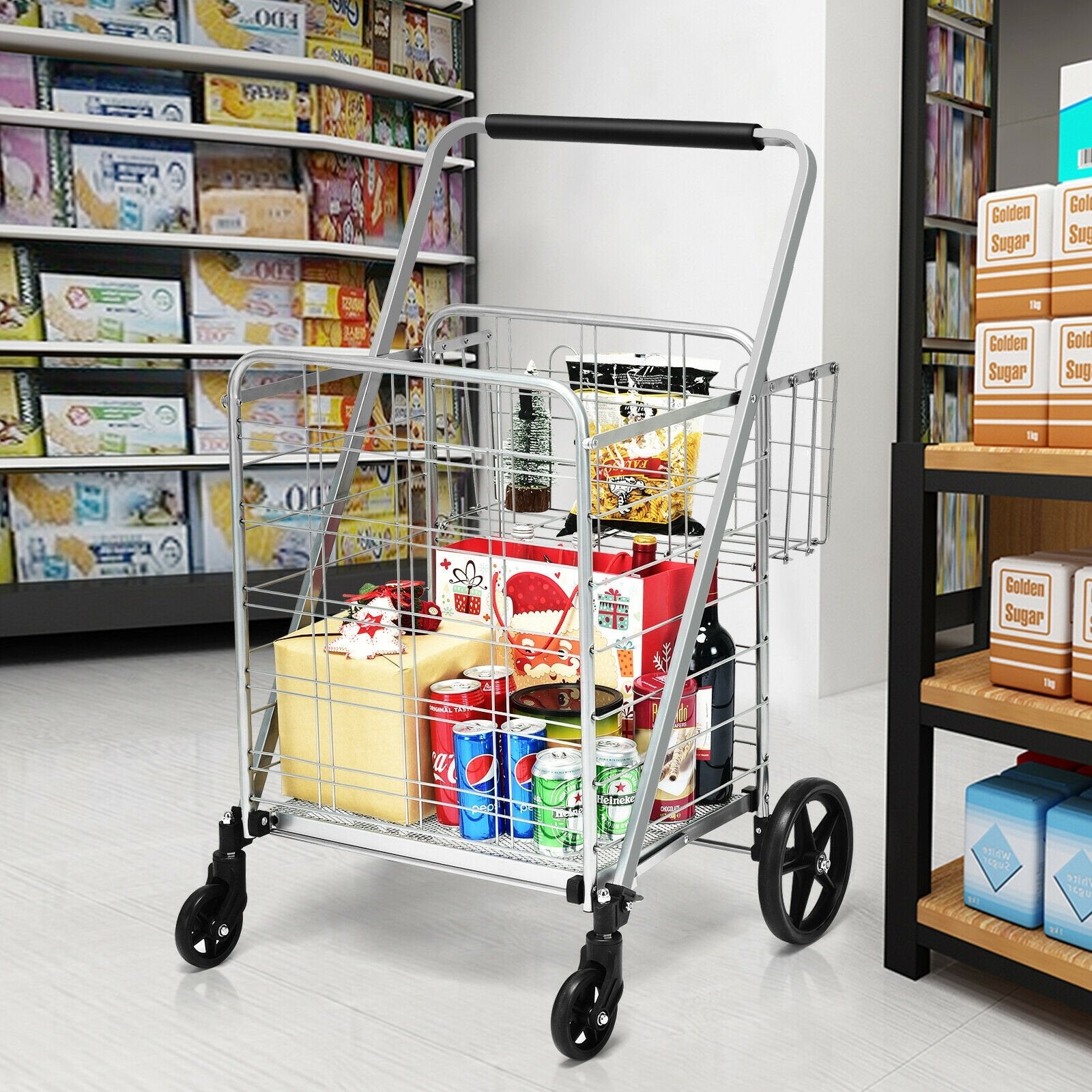 Heavy Duty Folding Utility Shopping Double Cart, Silver Kitchen Tools   at Gallery Canada