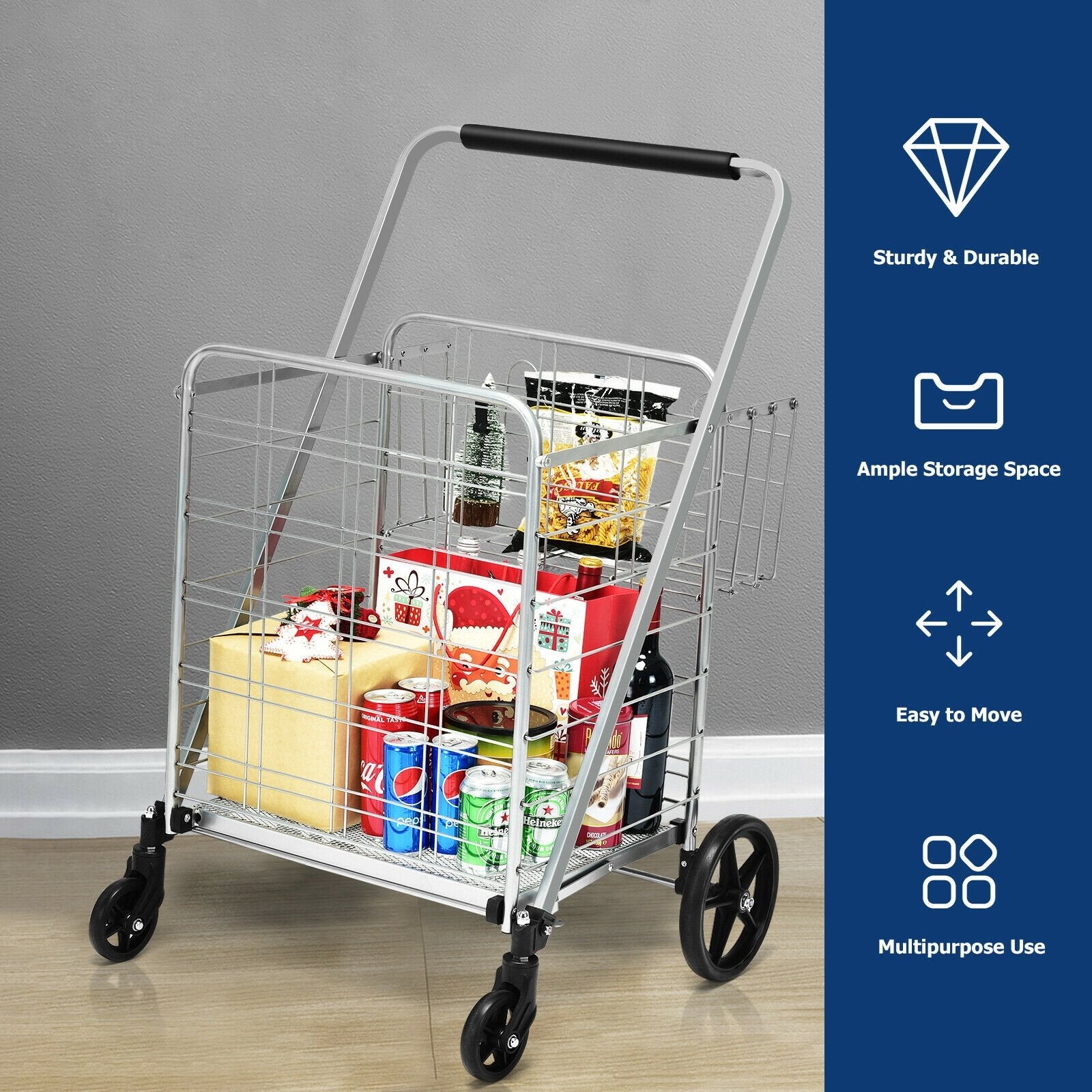 Heavy Duty Folding Utility Shopping Double Cart, Silver Kitchen Tools   at Gallery Canada