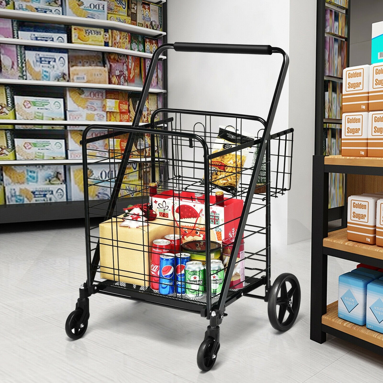 Heavy Duty Folding Utility Shopping Double Cart, Black Kitchen Tools   at Gallery Canada