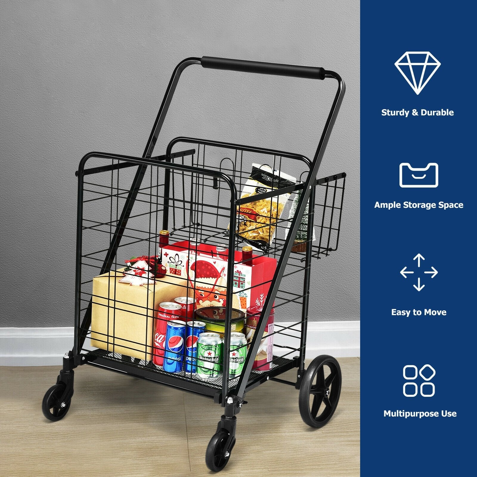 Heavy Duty Folding Utility Shopping Double Cart, Black Kitchen Tools   at Gallery Canada