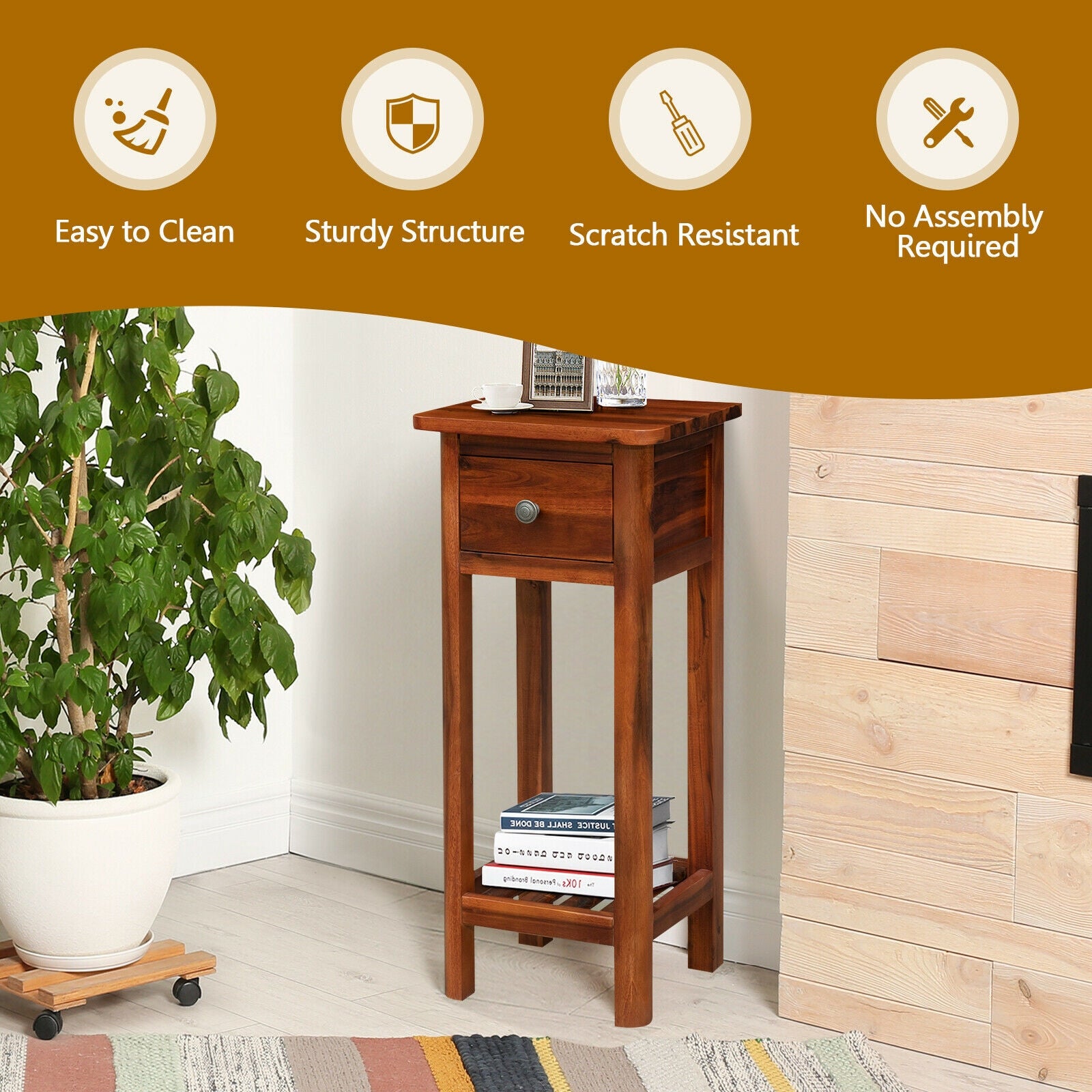 2 Tier End Bedside Table with Drawer Shelf, Brown Nightstands at Gallery Canada