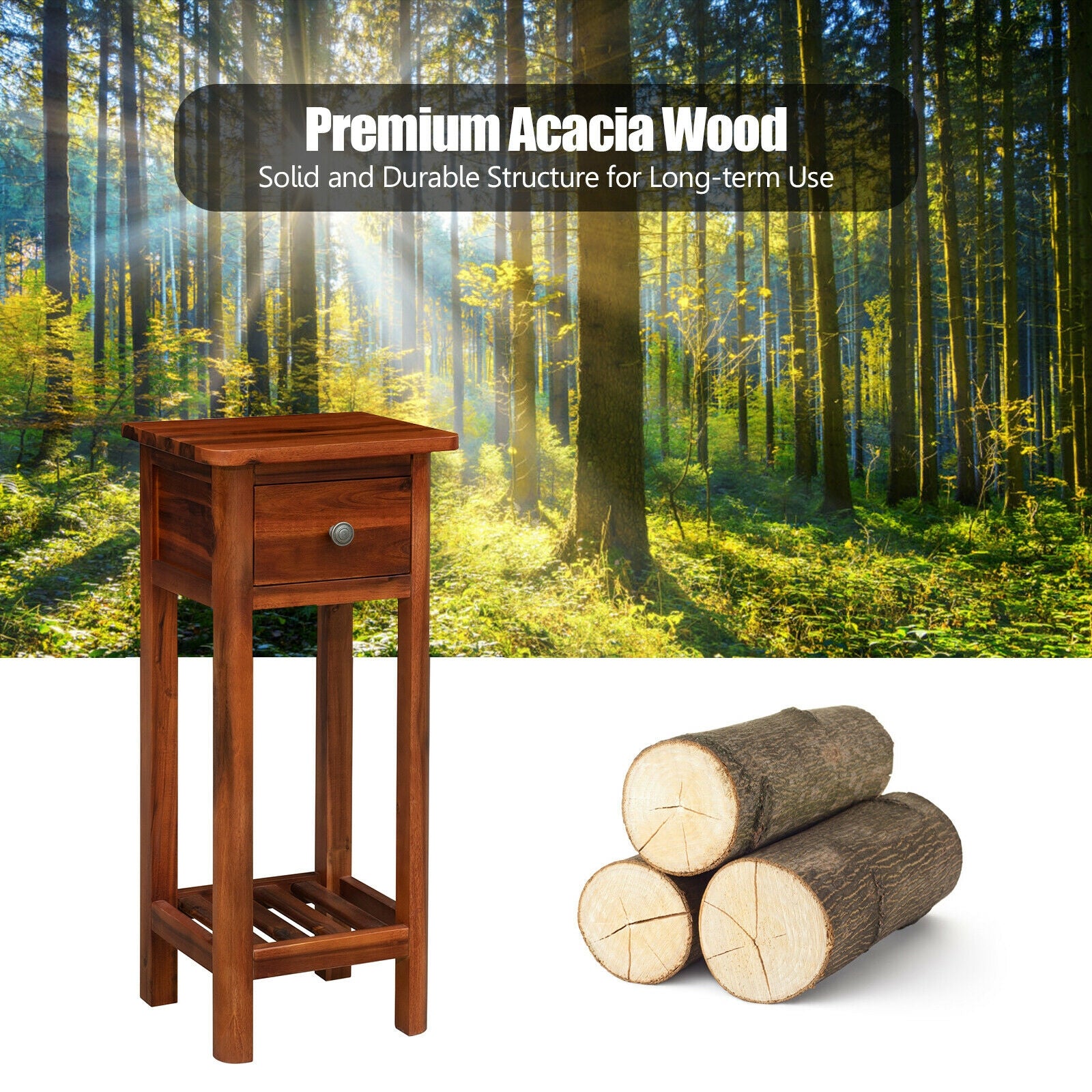 2 Tier End Bedside Table with Drawer Shelf, Brown Nightstands at Gallery Canada