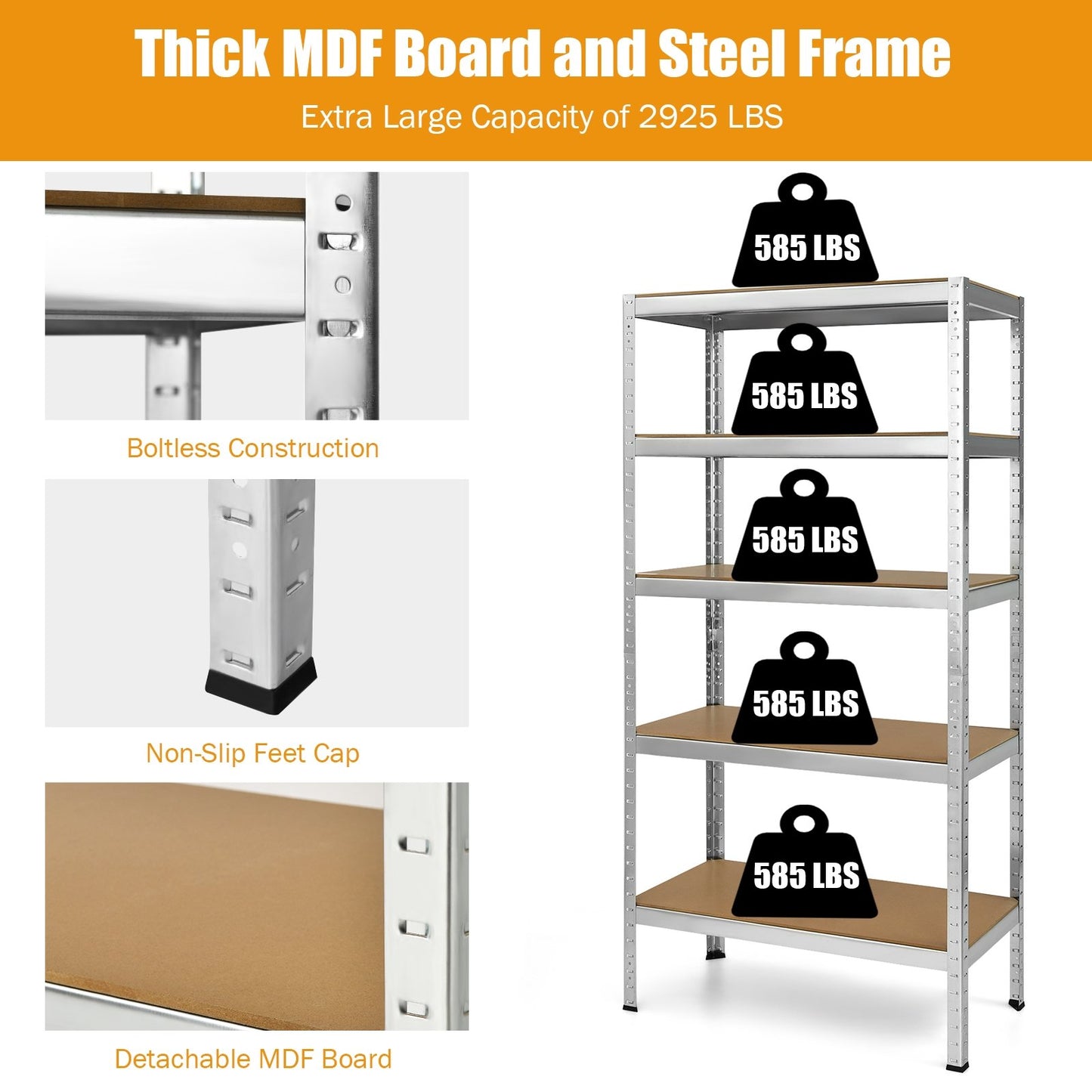 71 inch Heavy Duty Steel Adjustable 5 Level Storage Shelves, Silver - Gallery Canada