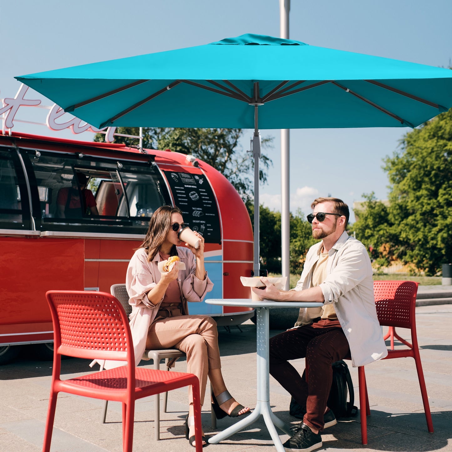 10 x 10 Feet Patio Offset Cantilever Umbrella with Aluminum 360-degree Rotation Tilt, Turquoise Outdoor Umbrellas   at Gallery Canada