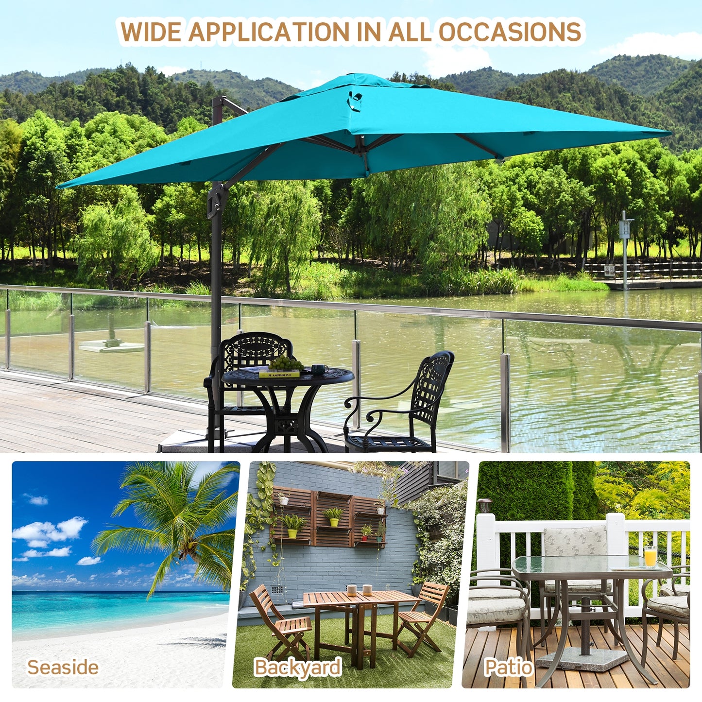 10 x 10 Feet Patio Offset Cantilever Umbrella with Aluminum 360-degree Rotation Tilt, Turquoise Outdoor Umbrellas   at Gallery Canada