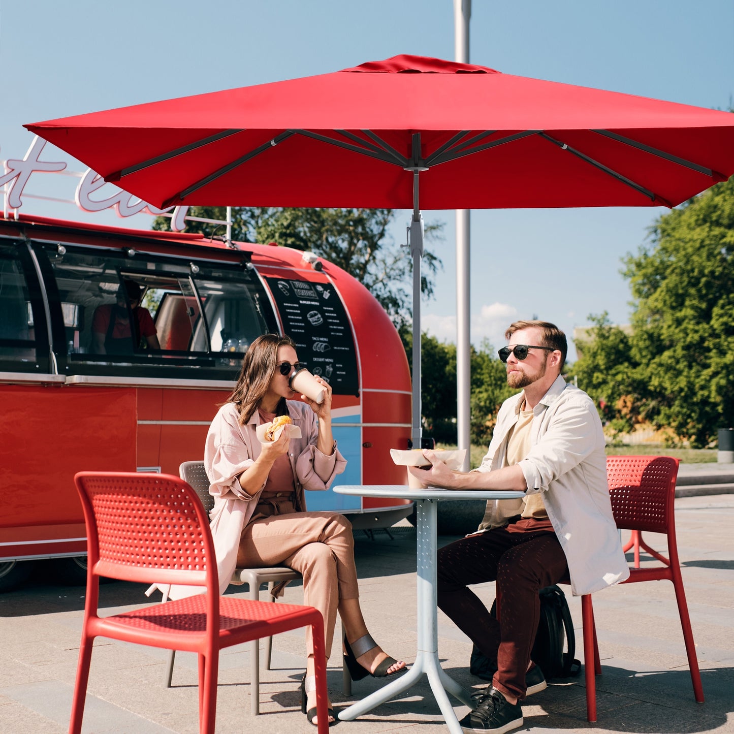 10 x 10 Feet Patio Offset Cantilever Umbrella with Aluminum 360-degree Rotation Tilt, Red Outdoor Umbrellas   at Gallery Canada