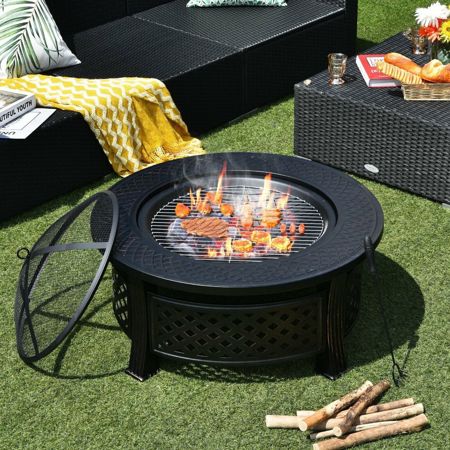 Outdoor Fire Pit with BBQ Grill and High-temp Resistance Finish, Black - Gallery Canada