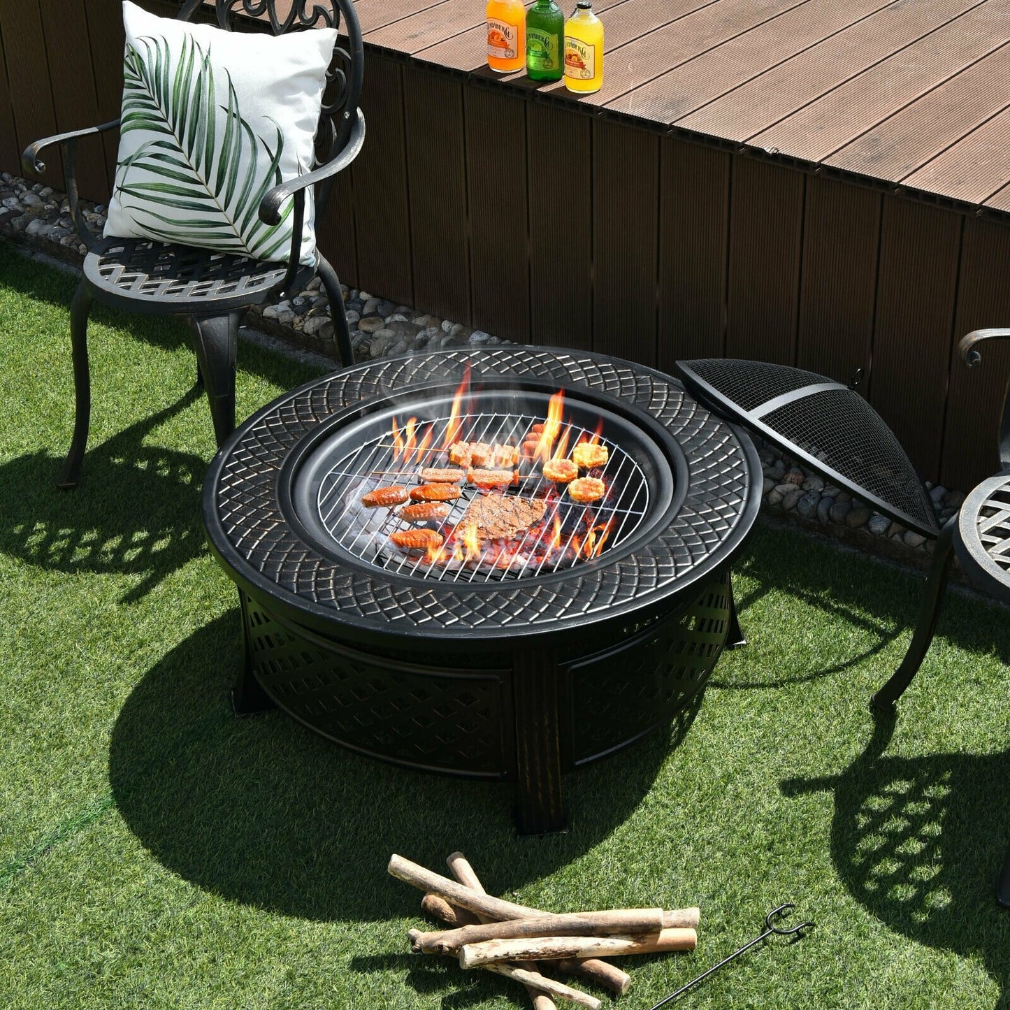 Outdoor Fire Pit with BBQ Grill and High-temp Resistance Finish, Black Fire Pits   at Gallery Canada