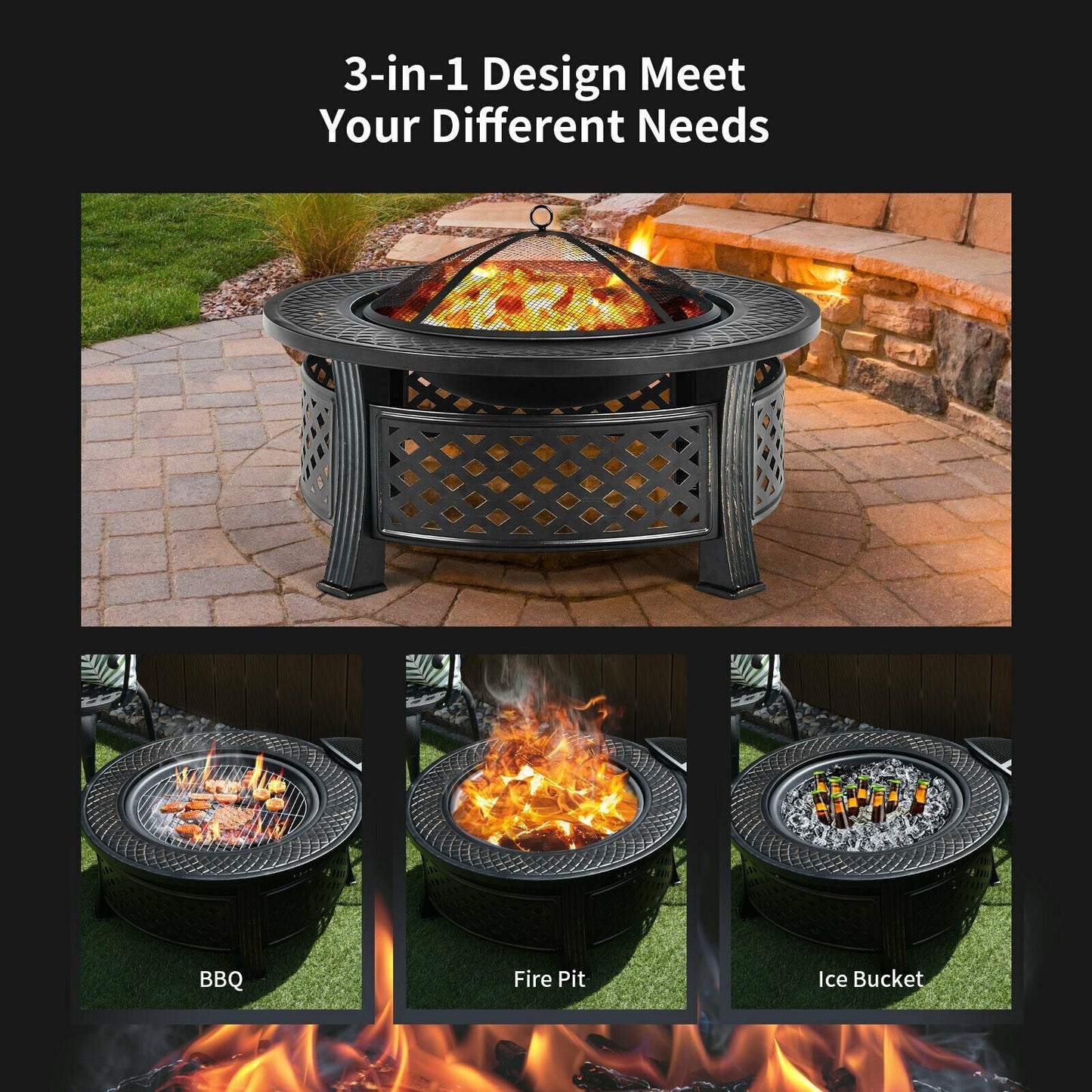 Outdoor Fire Pit with BBQ Grill and High-temp Resistance Finish, Black Fire Pits   at Gallery Canada