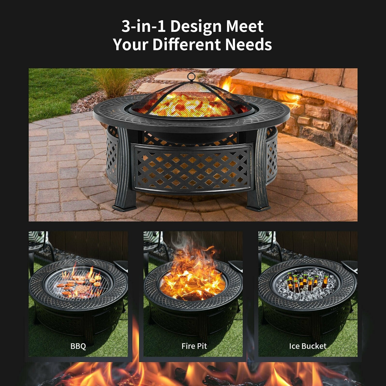 Outdoor Fire Pit with BBQ Grill and High-temp Resistance Finish, Black - Gallery Canada