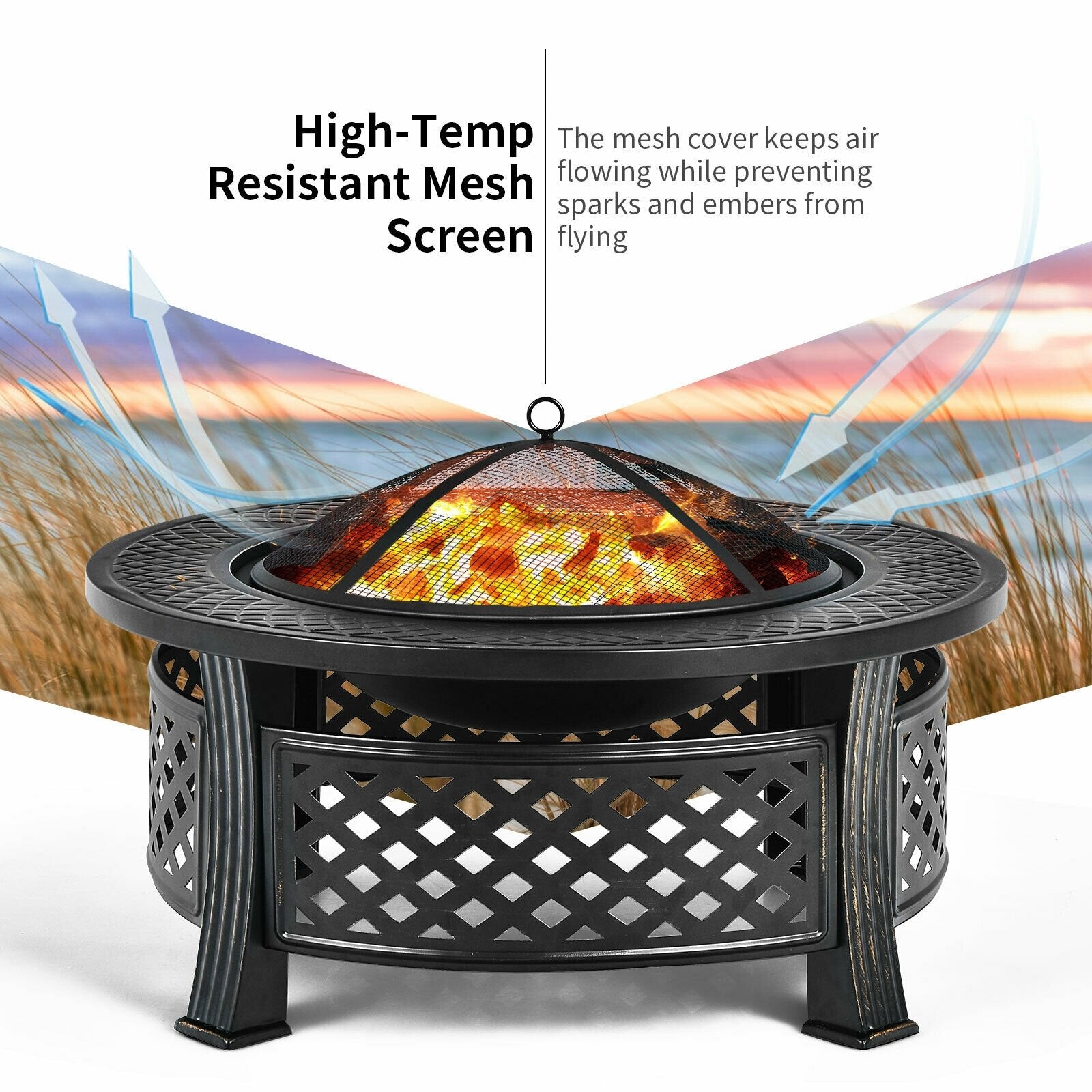 Outdoor Fire Pit with BBQ Grill and High-temp Resistance Finish, Black - Gallery Canada