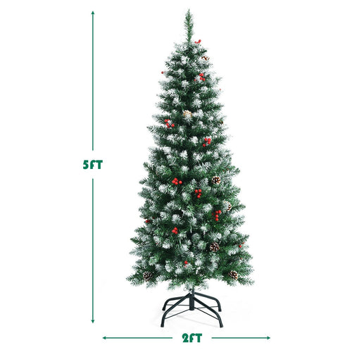 Pre-lit Artificial Pencil Christmas Tree with Pine Cones and Red Berries-5 ft, Green