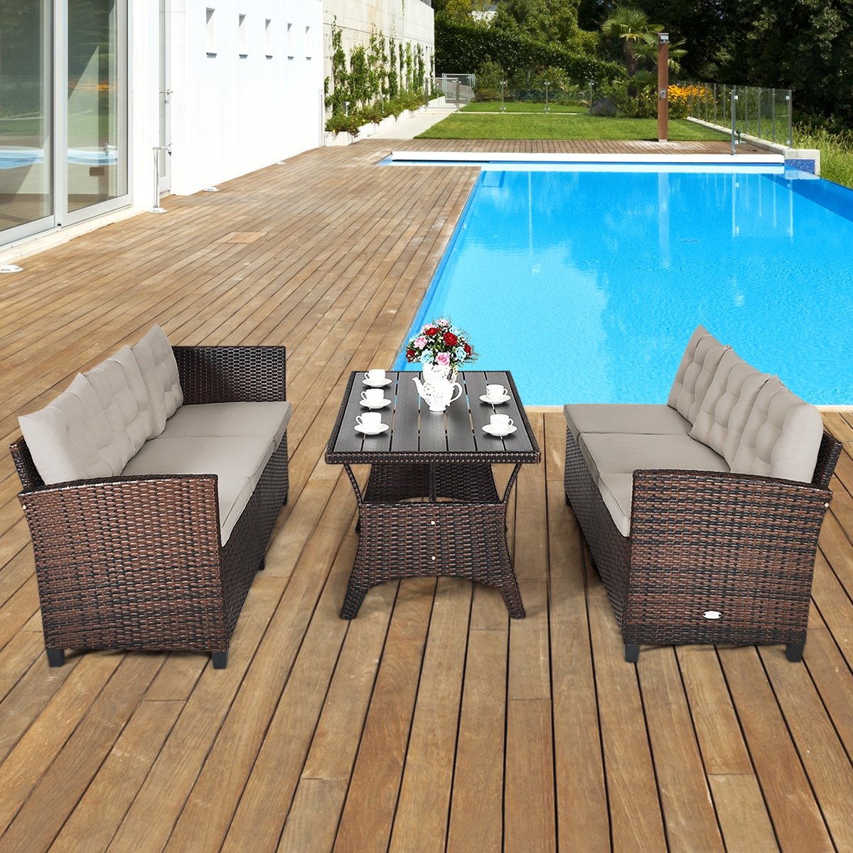 3 Pieces Hand-Woven Rattan Outdoor Sofa Set with Dining Table, Brown Outdoor Sectionals   at Gallery Canada