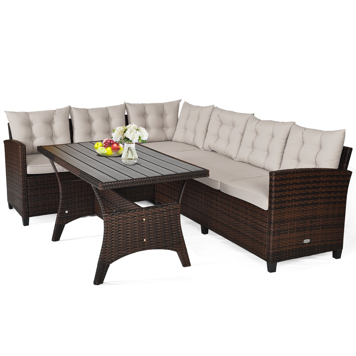 3 Pieces Hand-Woven Rattan Outdoor Sofa Set with Dining Table, Brown Outdoor Sectionals   at Gallery Canada