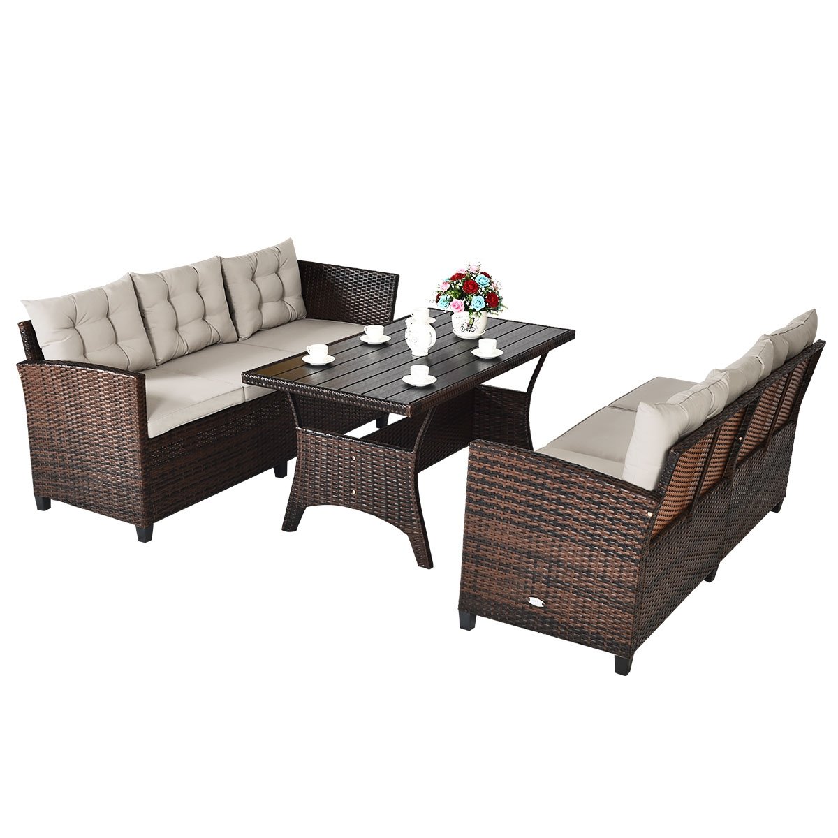 3 Pieces Hand-Woven Rattan Outdoor Sofa Set with Dining Table, Brown Outdoor Sectionals   at Gallery Canada