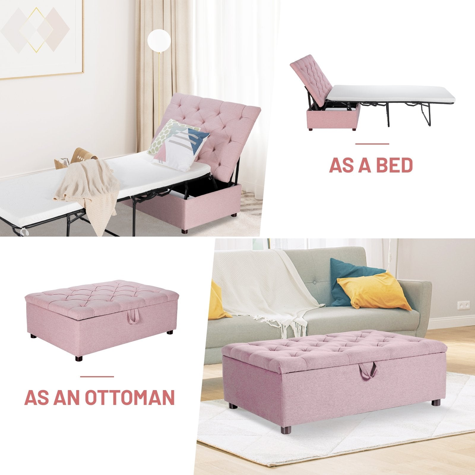 Folding Ottoman Sleeper Bed with Mattress for Guest Bed and Office Nap, Pink Folding Beds   at Gallery Canada