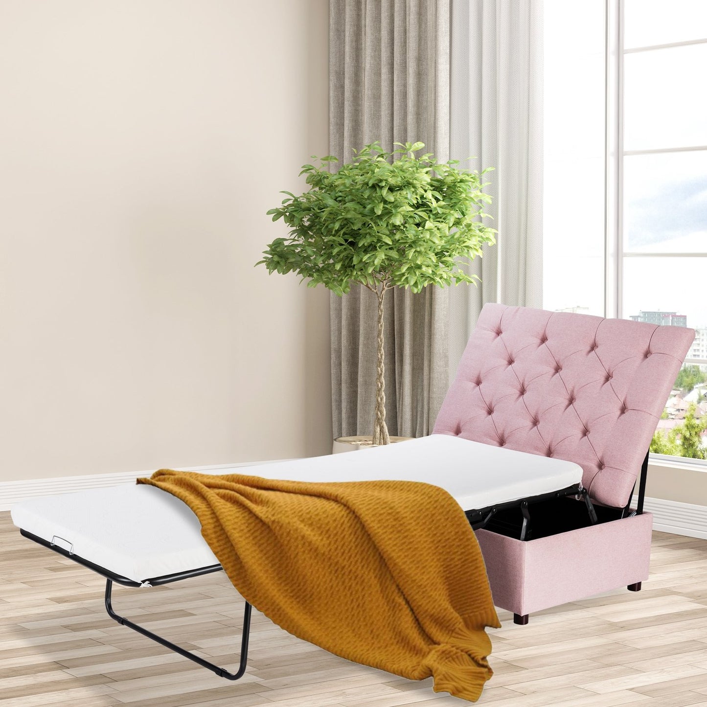 Folding Ottoman Sleeper Bed with Mattress for Guest Bed and Office Nap, Pink Folding Beds   at Gallery Canada