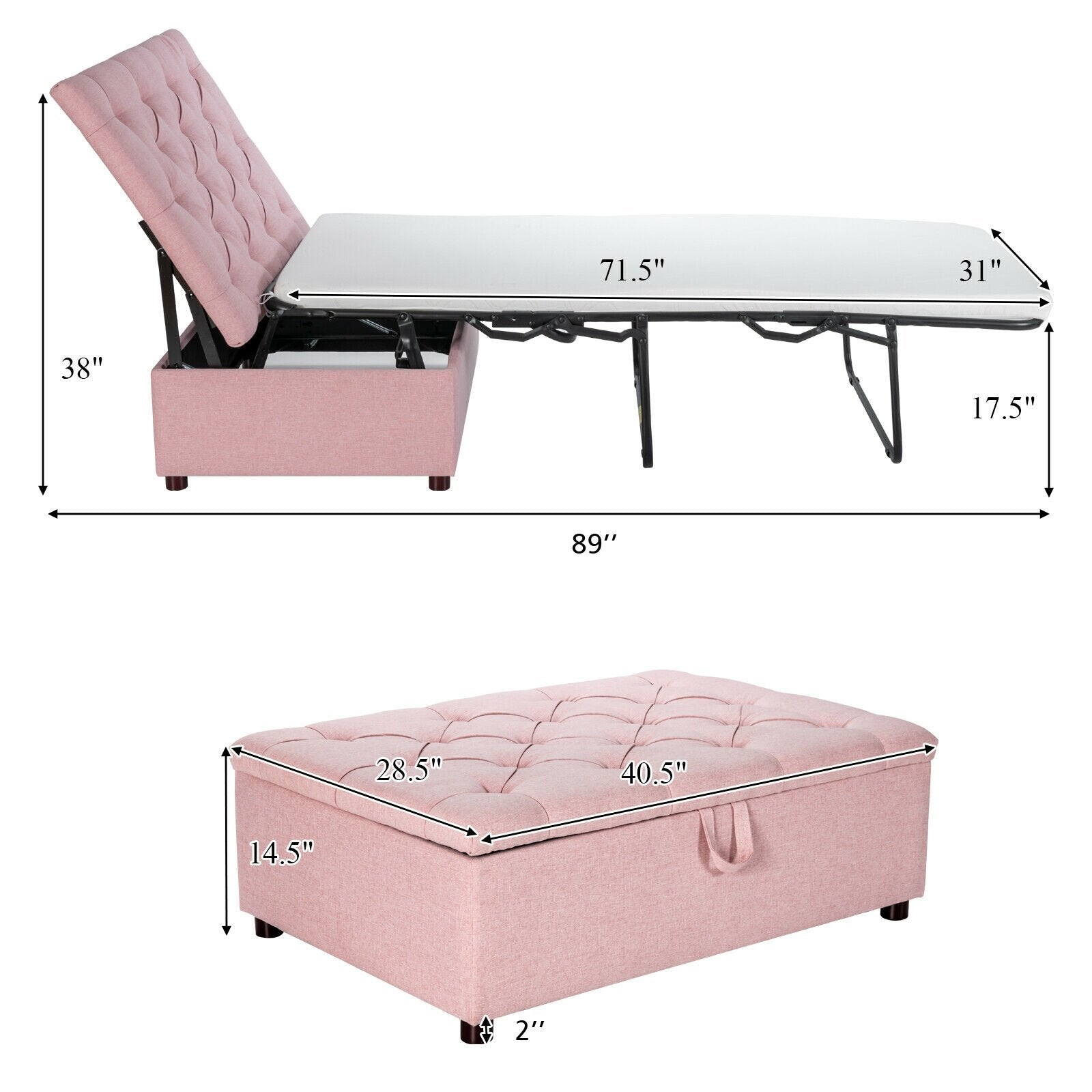 Folding Ottoman Sleeper Bed with Mattress for Guest Bed and Office Nap, Pink Folding Beds   at Gallery Canada