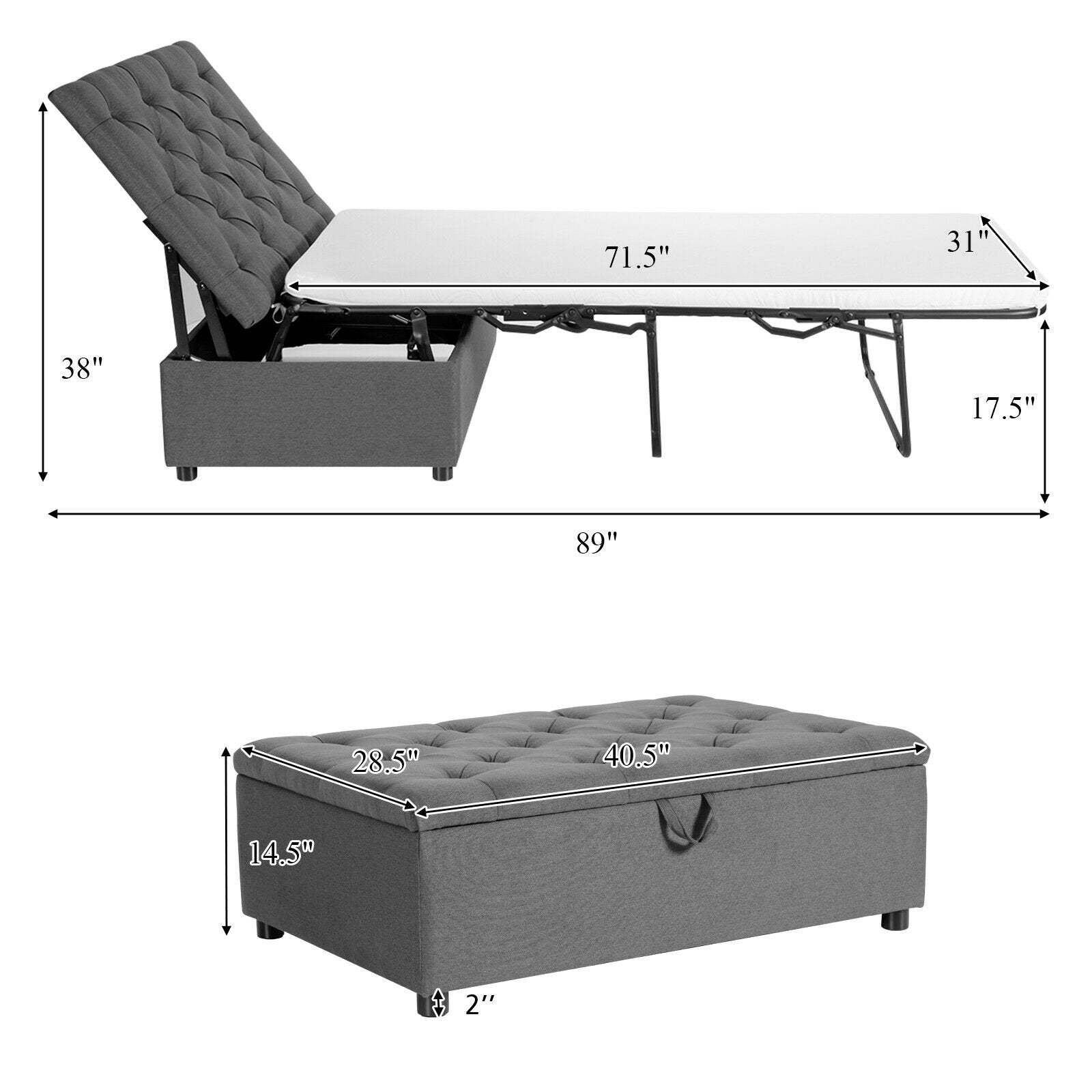 Folding Ottoman Sleeper Bed with Mattress for Guest Bed and Office Nap, Gray Folding Beds   at Gallery Canada