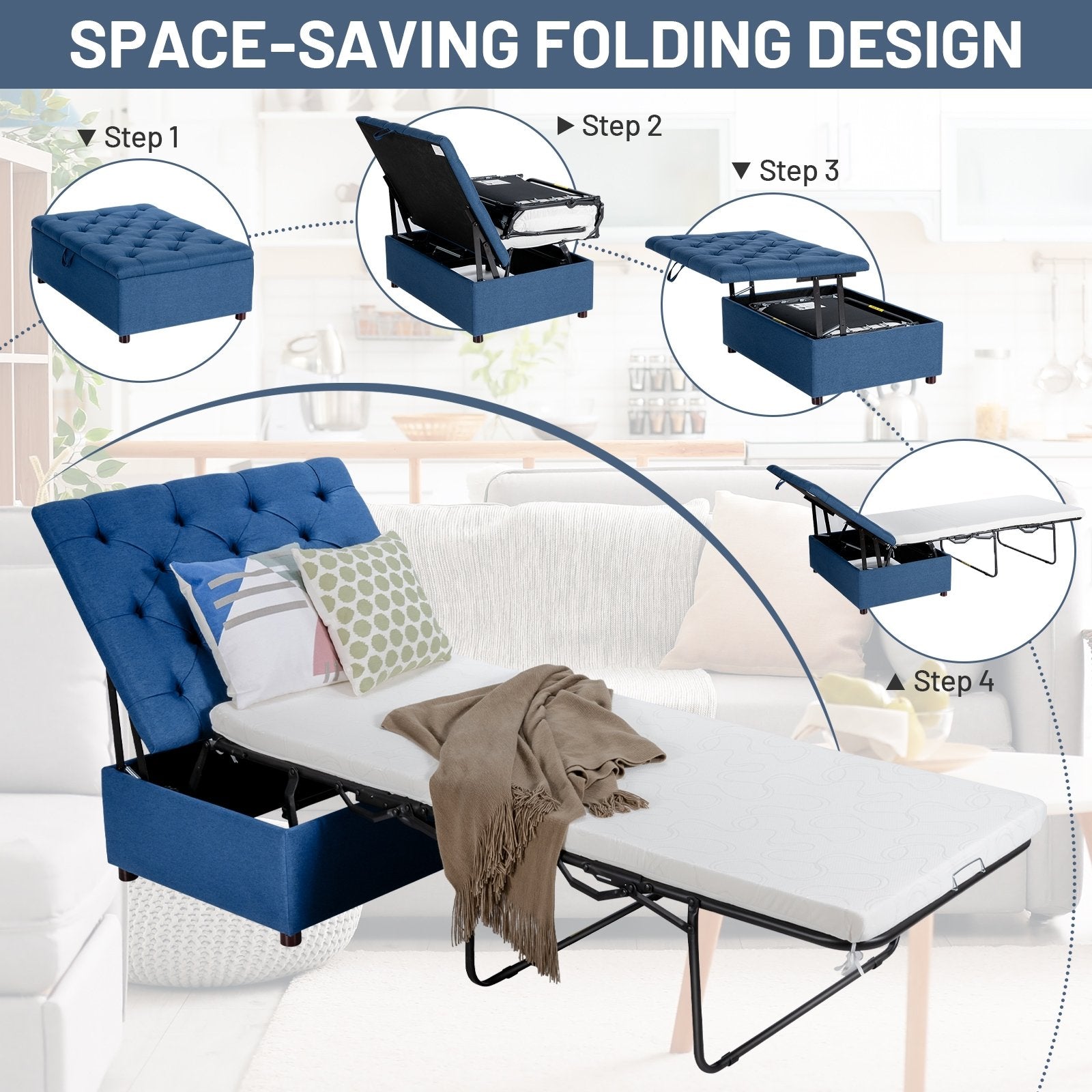 Folding Ottoman Sleeper Bed with Mattress for Guest Bed and Office Nap, Blue Folding Beds   at Gallery Canada