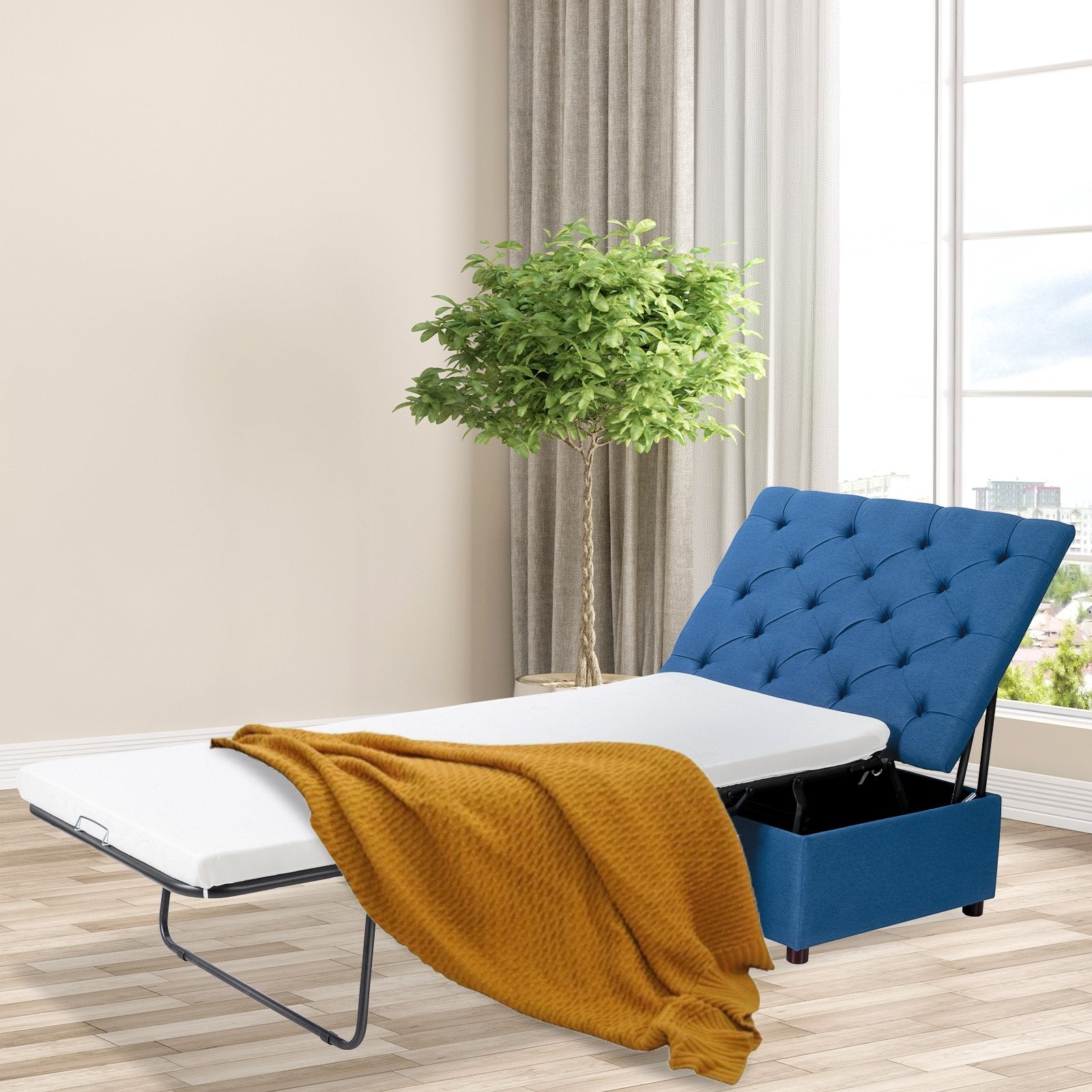 Folding Ottoman Sleeper Bed with Mattress for Guest Bed and Office Nap, Blue Folding Beds   at Gallery Canada