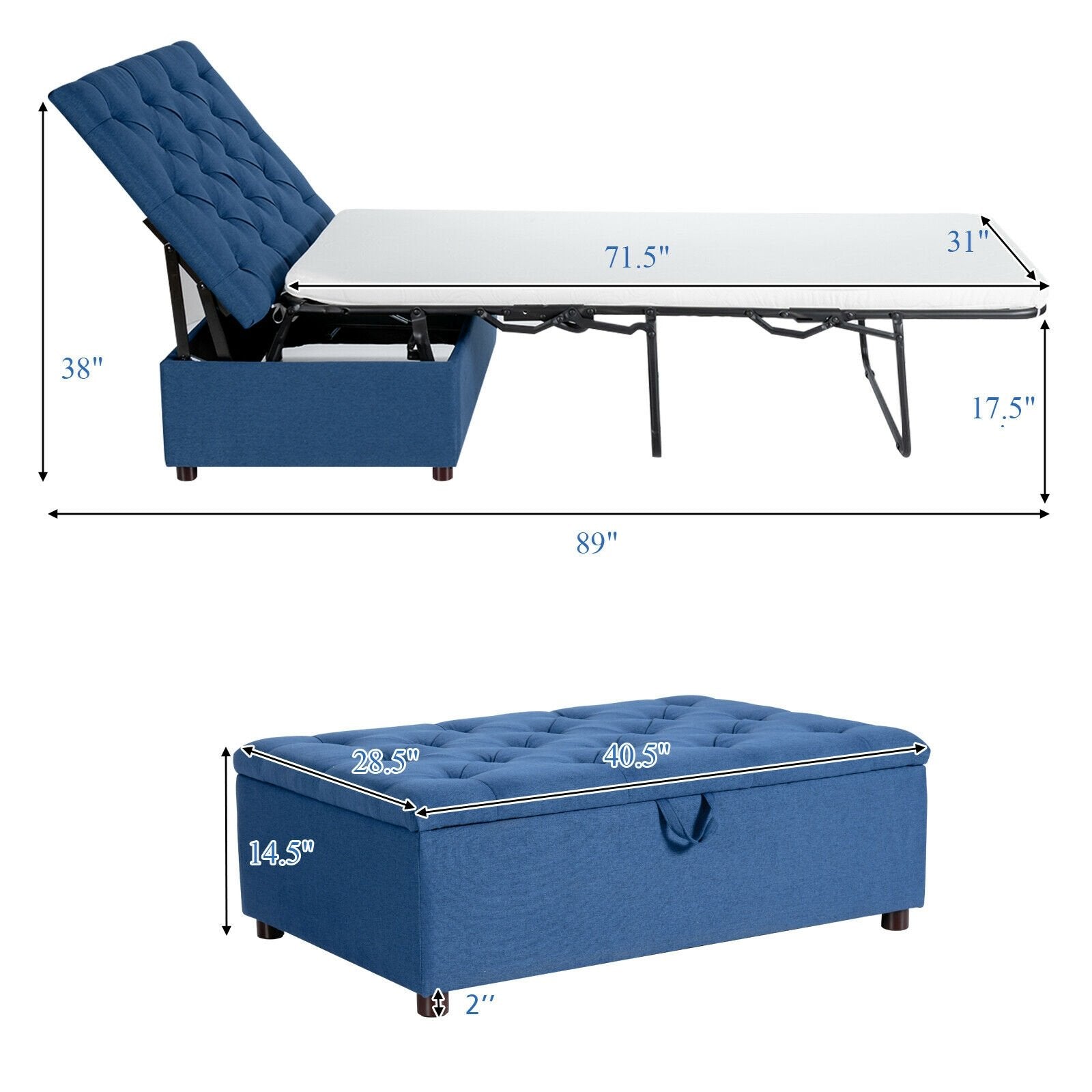 Folding Ottoman Sleeper Bed with Mattress for Guest Bed and Office Nap, Blue Folding Beds   at Gallery Canada