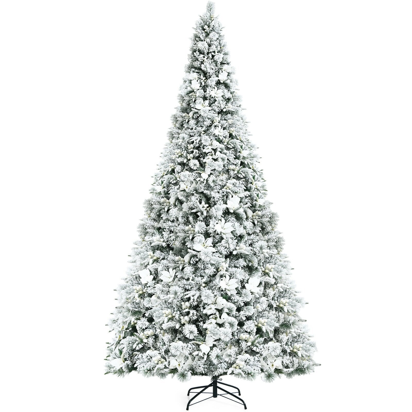 8 Feet Snow Flocked Hinged Christmas Tree with Berries and Poinsettia Flowers, White Christmas Tree   at Gallery Canada