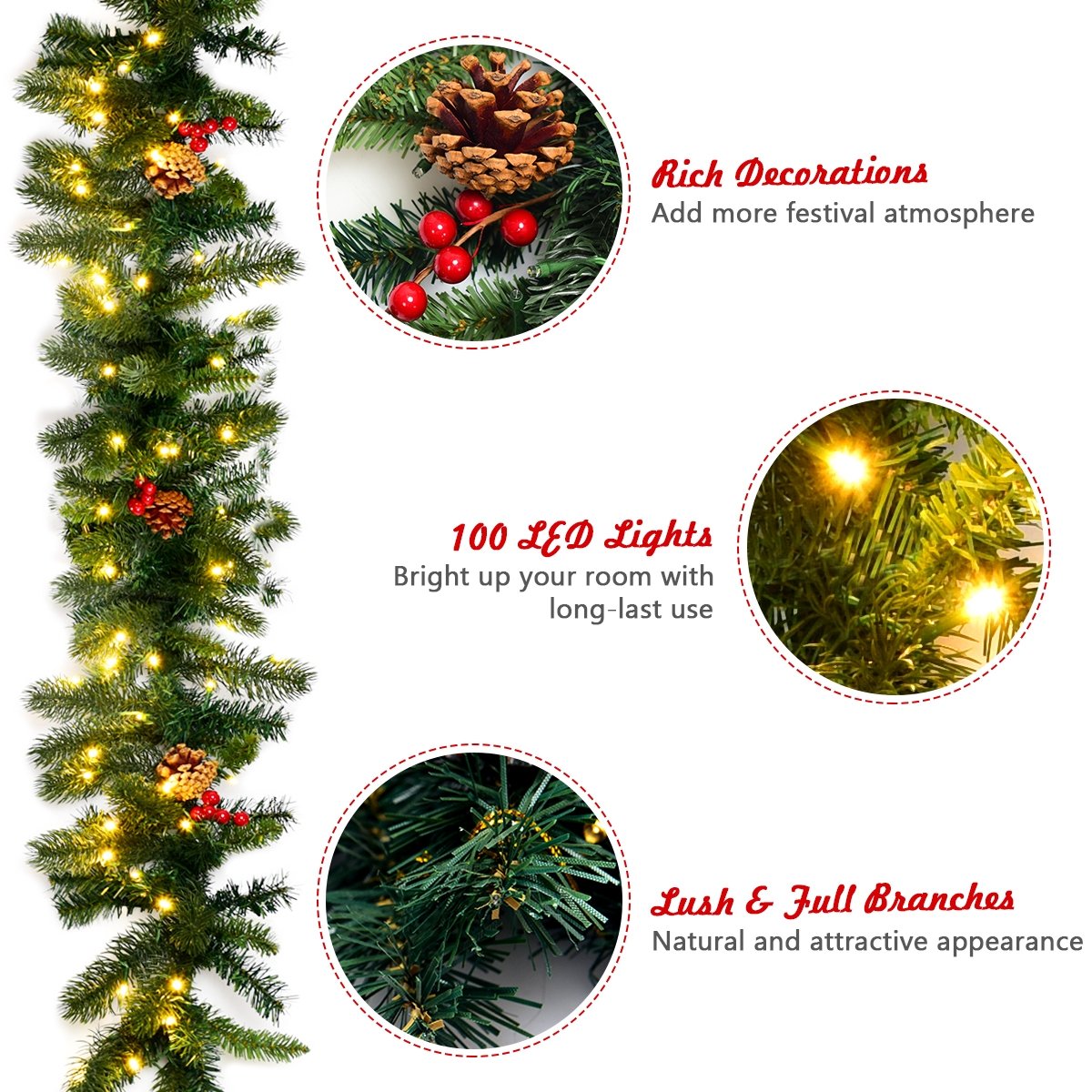 9 Feet Pre-lit Artificial Christmas Garland Red Berries with LED, Green Christmas Decor & Accessories   at Gallery Canada