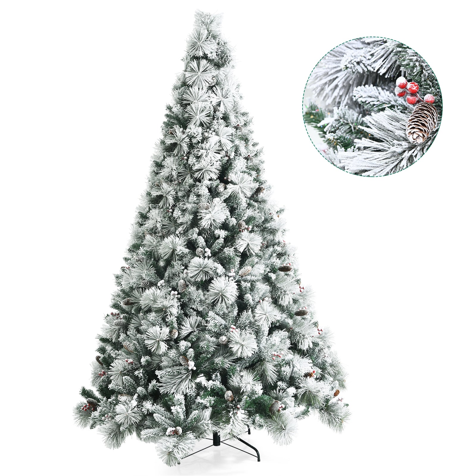 8 Feet Snow Flocked Christmas Tree Glitter Tips with Pine Cone and Red Berries, Green Christmas Tree at Gallery Canada