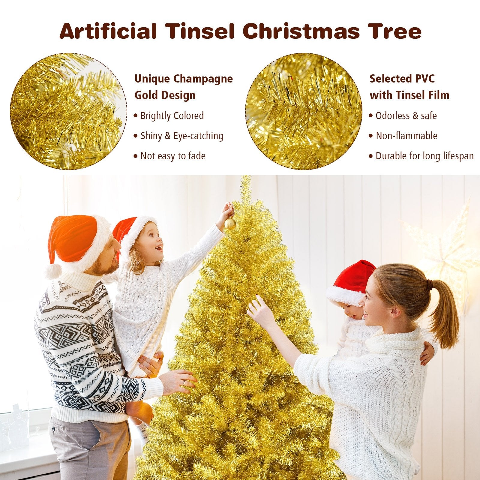 6/7.5 Feet Artificial Tinsel Christmas Tree Hinged with Foldable Stand-7.5 ft, Golden Christmas Tree   at Gallery Canada