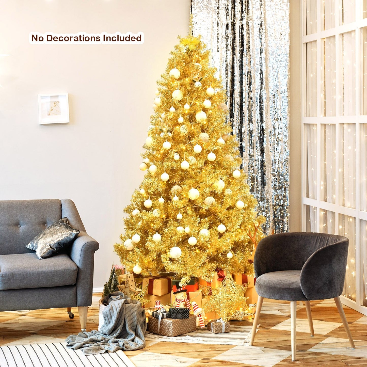 6/7.5 Feet Artificial Tinsel Christmas Tree Hinged with Foldable Stand-7.5 ft, Golden Christmas Tree   at Gallery Canada