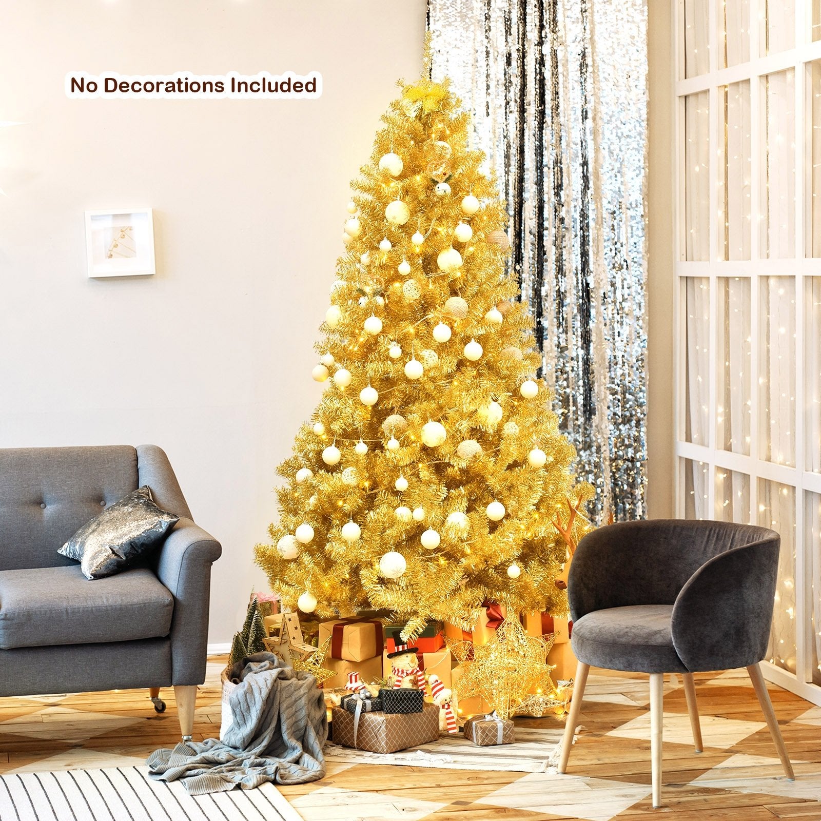 6/7.5 Feet Artificial Tinsel Christmas Tree Hinged with Foldable Stand-7.5 ft, Golden Christmas Tree   at Gallery Canada