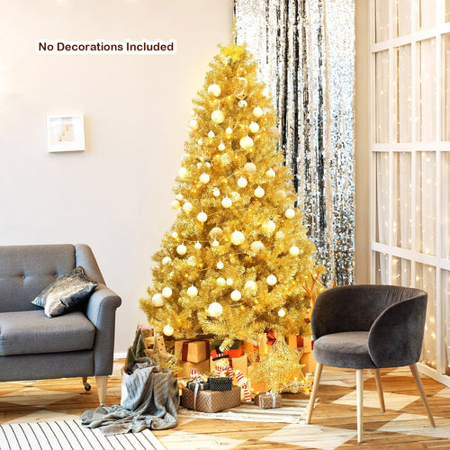 6/7.5 Feet Artificial Tinsel Christmas Tree Hinged with Foldable Stand-7.5 ft, Golden