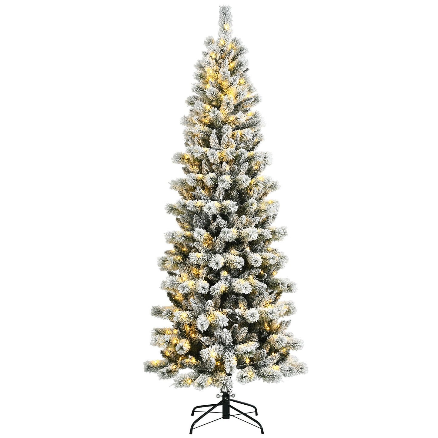 7.5 Feet Pre-Lit Hinged Christmas Tree Snow Flocked with 9 Modes Lights, White Christmas Tree   at Gallery Canada