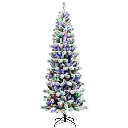 7.5 Feet Pre-Lit Hinged Christmas Tree Snow Flocked with 9 Modes Lights, White Christmas Tree   at Gallery Canada