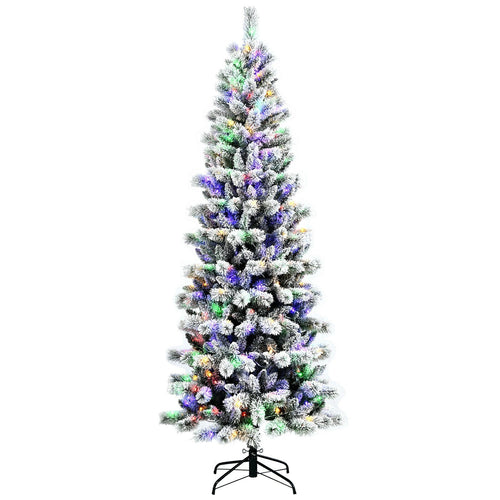 7.5 Feet Pre-Lit Hinged Christmas Tree Snow Flocked with 9 Modes Lights, White