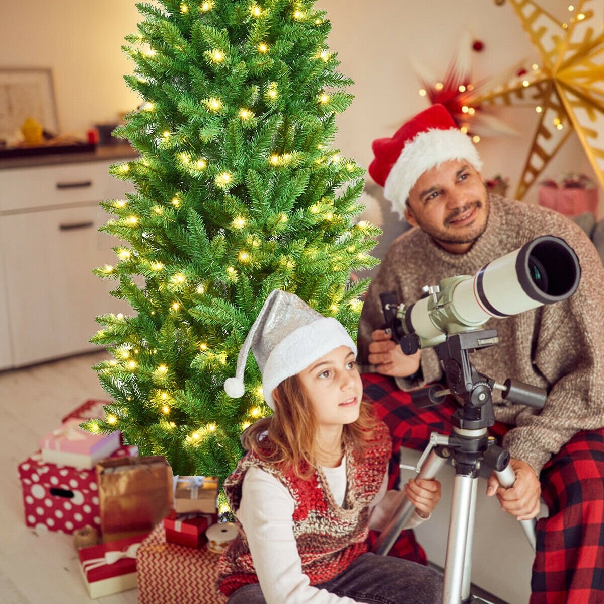 5 Feet PVC Hinged Pre-Lit Artificial Fir Pencil Christmas Tree with 150 Lights-5 ft, Green Christmas Tree   at Gallery Canada