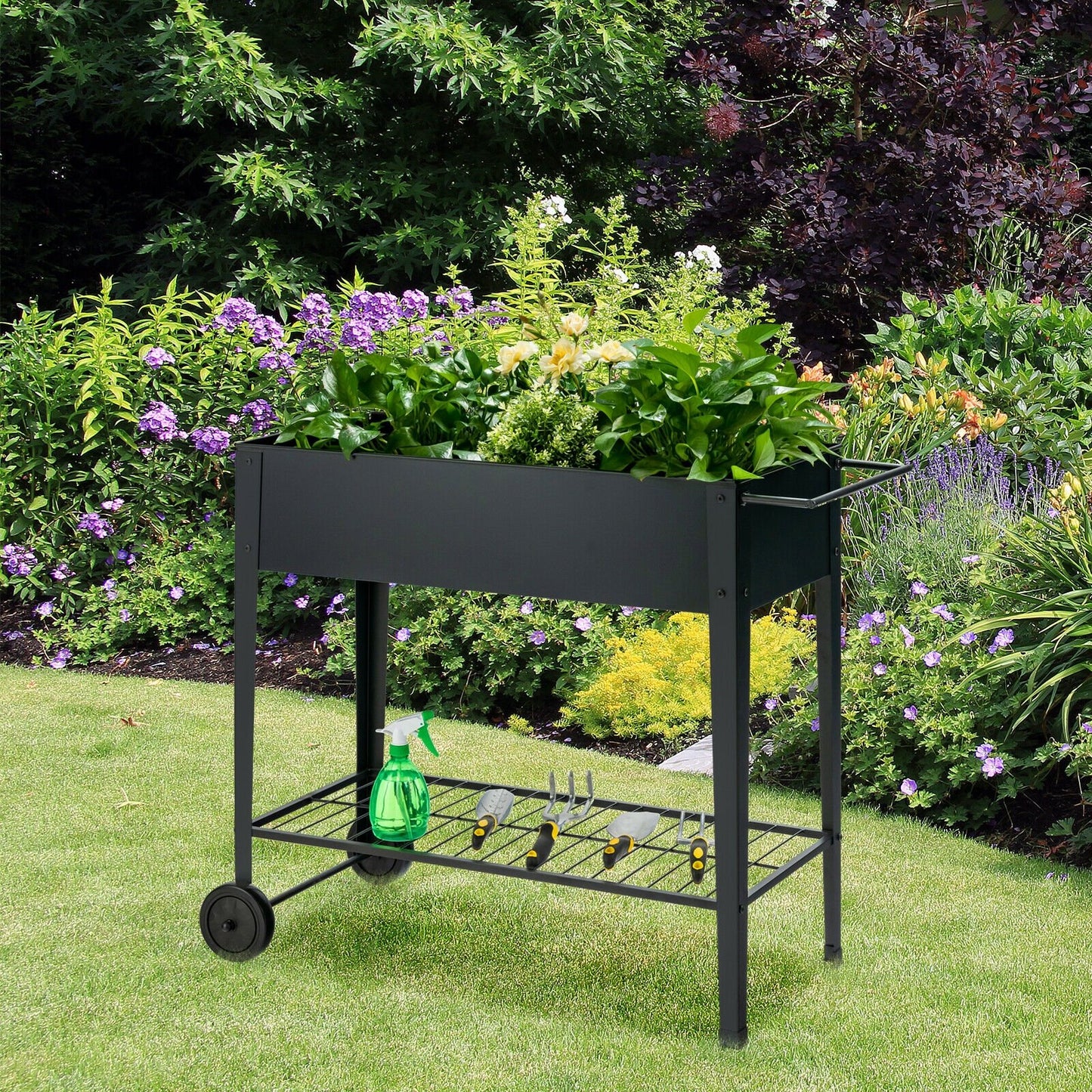Raised Garden Bed Elevated Planter Box on Wheels Steel Planter with Shelf, Black - Gallery Canada