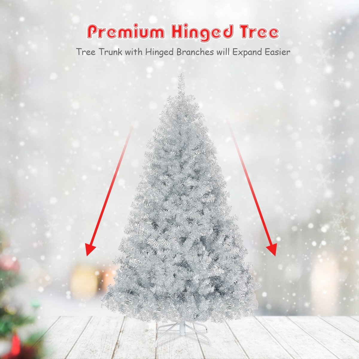 6 Feet Hinged Unlit Artificial Silver Tinsel Christmas Tree with Metal Stand, Silver Christmas Tree   at Gallery Canada