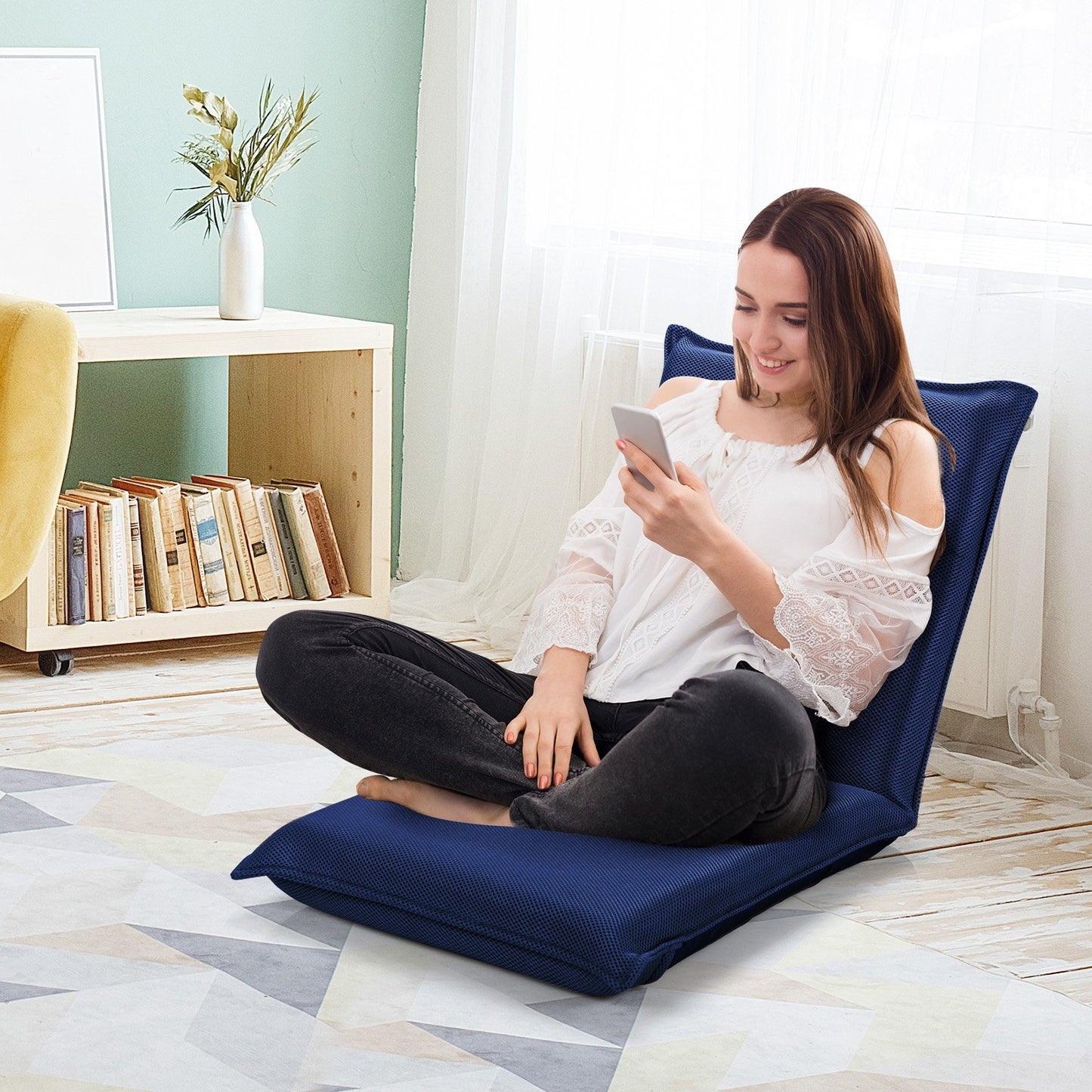 Adjustable 6 positions Folding Lazy Man Sofa Chair Floor Chair, Navy Floor Chairs   at Gallery Canada