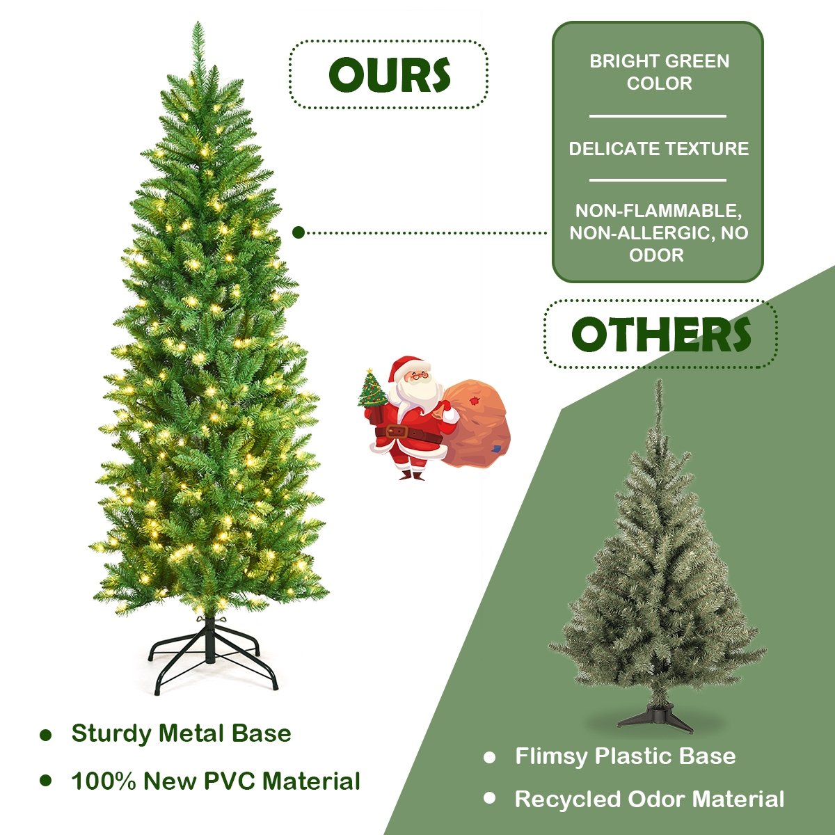 6 Feet PVC Hinged Pre-lit Artificial Fir Pencil Christmas Tree with 150 Lights-6 ft, Green Christmas Tree   at Gallery Canada