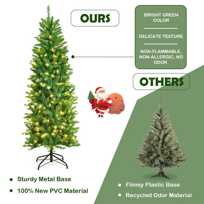 6 Feet PVC Hinged Pre-lit Artificial Fir Pencil Christmas Tree with 150 Lights-6 ft, Green Christmas Tree   at Gallery Canada