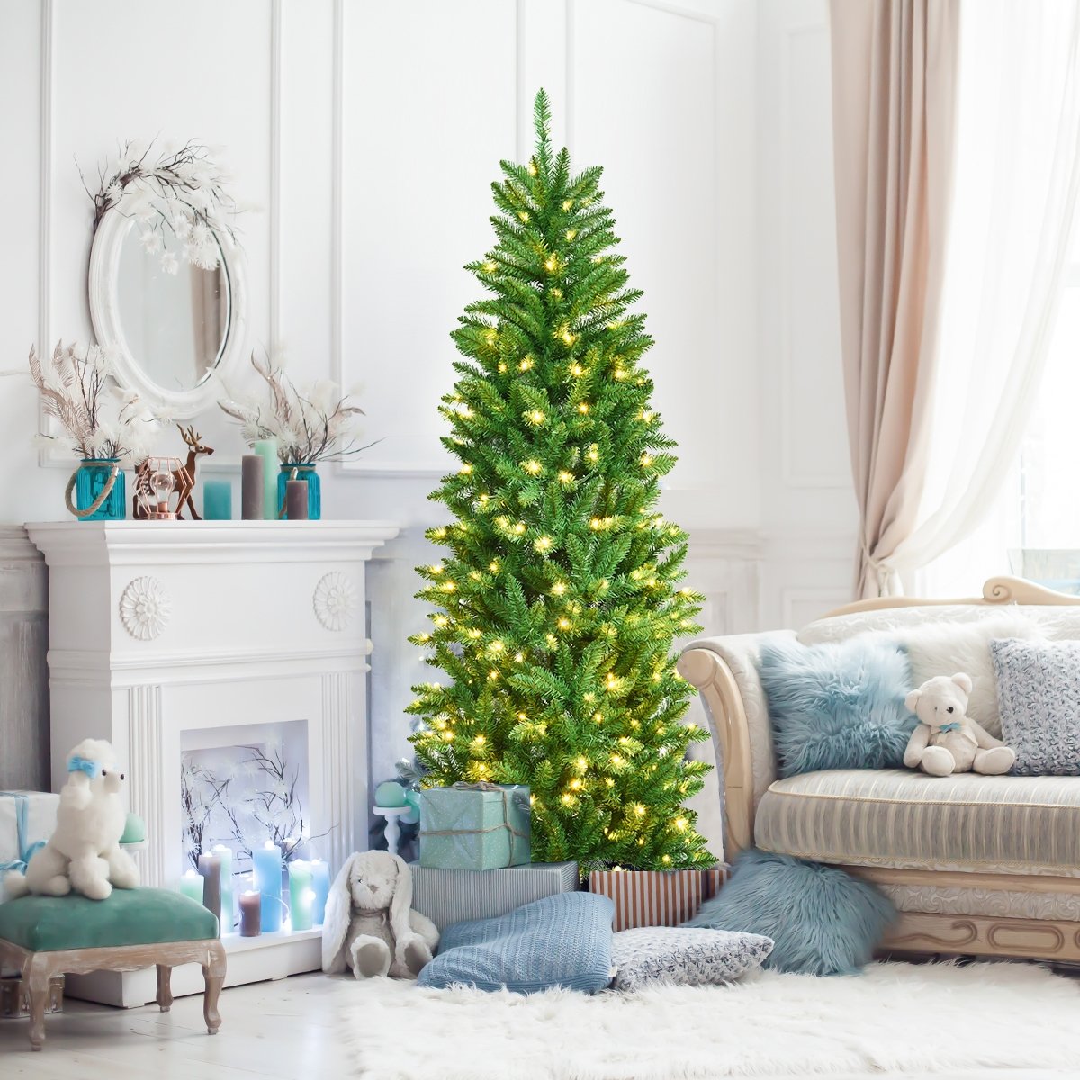 6 Feet PVC Hinged Pre-lit Artificial Fir Pencil Christmas Tree with 150 Lights-6 ft, Green Christmas Tree   at Gallery Canada