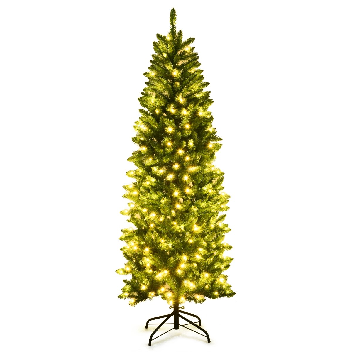 6 Feet PVC Hinged Pre-lit Artificial Fir Pencil Christmas Tree with 150 Lights-6 ft, Green Christmas Tree   at Gallery Canada